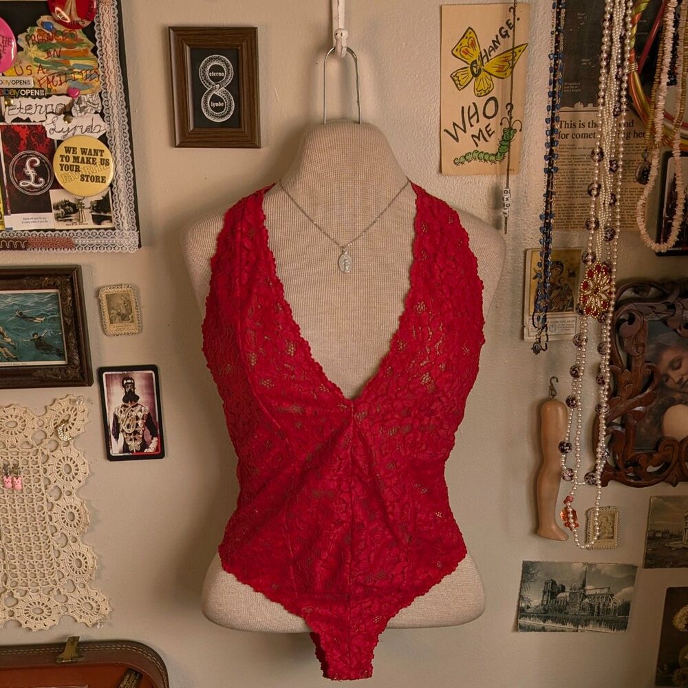 Free People Lace Bodysuit Women's Small Red Plunging V-Neck Lingerie